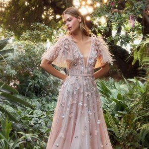 NEW LONG A-LINE TULLE EMBROIDERED SEQUIN DRESS WITH BELL SLEEVES & ZIP AL A1176